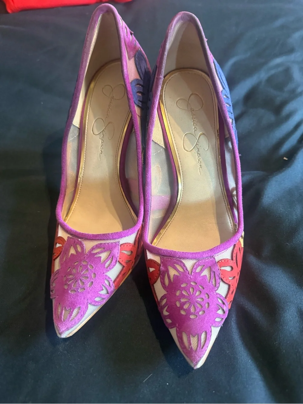 Jessica Simpson Pink and Red Floral Cutout Pointed Pumps